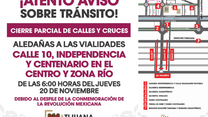 Ajustes viales en Tijuana por el desfile del 20 de noviembre 2025