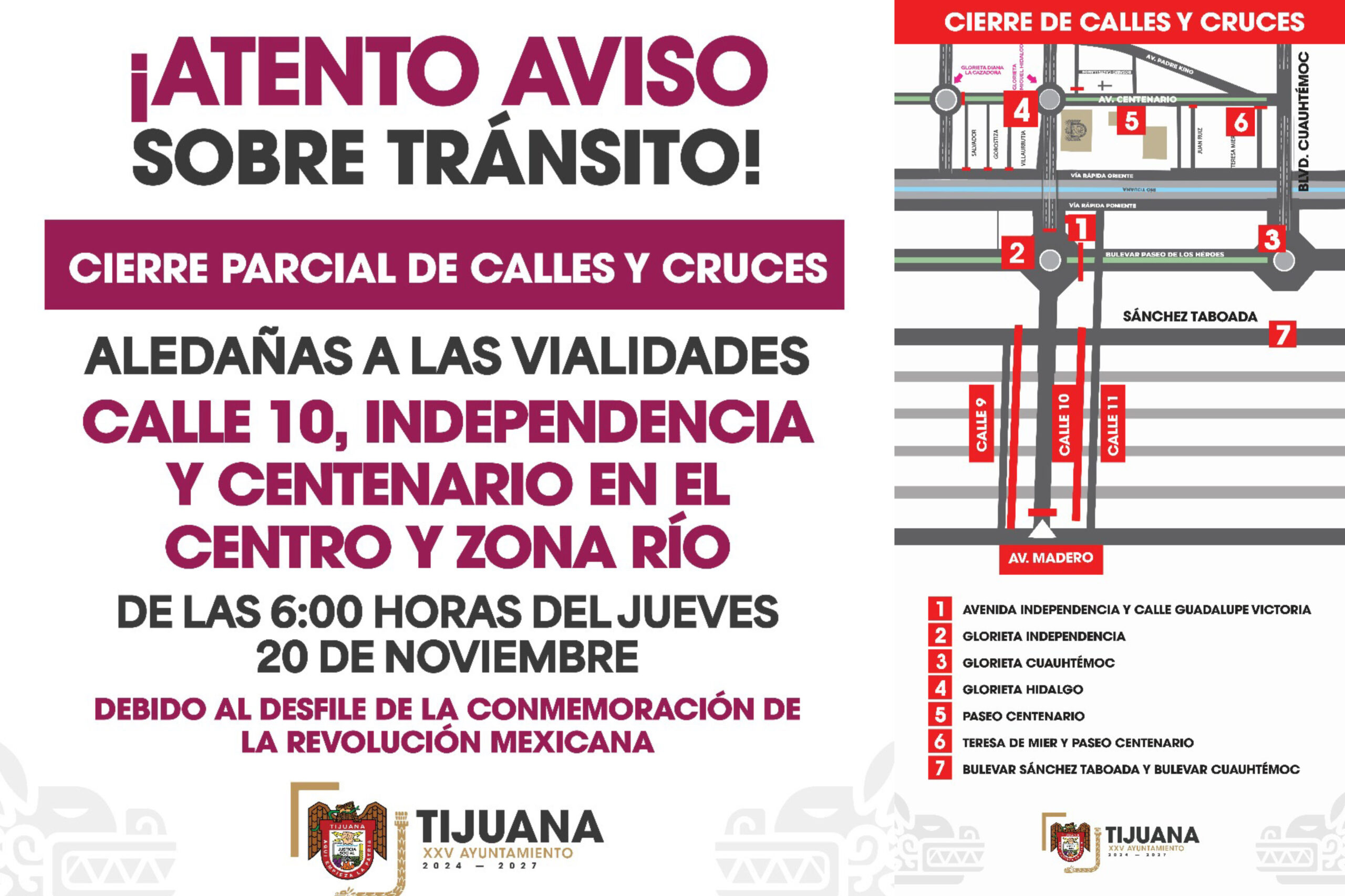 Ajustes viales en Tijuana por el desfile del 20 de noviembre 2025